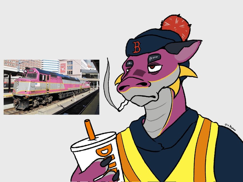 anthro beanie belly black_claws black_eyebrows blue_clothing blue_hat blue_headwear blue_shirt blue_topwear brown_pupils cigarette cigarette_in_mouth claw_fingers claws clothing container countershade_neck countershade_scales countershading cup diesel-electric_locomotive drinking_straw ears_back emd_f40 eyebrows facial_spikes frown grey_background grey_belly grey_body grey_countershading grey_scales hat headgear headwear holding_container holding_cup holding_object jaw_spikes light_body locomotive machine male markings massachusetts multicolored_body multicolored_scales object_in_mouth photo pinstripes pivoted_ears pupils purple_body purple_inner_ear purple_scales red_text reverse_countershading safety_vest scales shirt simple_background smoking solo spikes spikes_(anatomy) stripes text tired tired_eyes topwear train two_tone_body united_states_of_america vehicle ventral_scales vest winter_hat work_uniform worker yellow_body yellow_markings yellow_scales yellow_spikes yellow_stripes oxbowrox boston_red_sox dunkin'_donuts electro-motive-diesel how_to_dragon_your_train mbta mythology dragon hybrid living_machine living_train living_vehicle locomorph mythological_creature mythological_scalie reptile scalie 2023 artist_name bust_portrait digital_drawing_(artwork) digital_media_(artwork) hi_res meme portrait reference_image