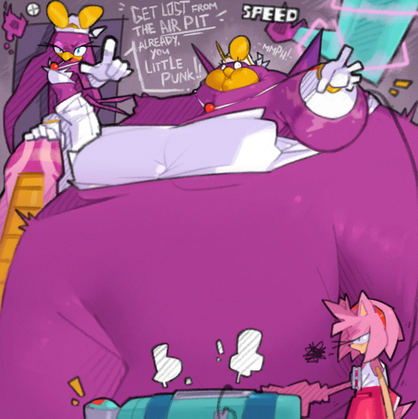 air_inflation anthro beak belly big_belly clothing duo female gloves handwear hose hose_inflation huge_belly inflation overweight pink_body purple_body text secretstarroom sega sonic_riders sonic_the_hedgehog_(series) amy_rose wave_the_swallow avian bird eulipotyphlan hedgehog hirundinid mammal oscine passerine swallow_(bird) 2026 hi_res