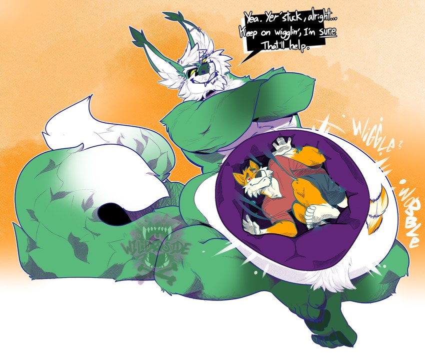 2_tails anthro anthro_pred anthro_prey belly big_belly biped clothing crossed_arms dialogue duo fur green_body green_fur hair heart_eyes heart_symbol inside_stomach internal male male/male male_anthro male_pred male_prey multi_tail navel navel_vore nude orange_body orange_fur overweight rumbling_stomach simple_background size_difference slime speech_bubble tail talking_to_another talking_to_prey text thick_thighs vore wildside ken_tsung_(wildside) canid canine fox mammal 2024 digital_drawing_(artwork) digital_media_(artwork) english_text hi_res watermark