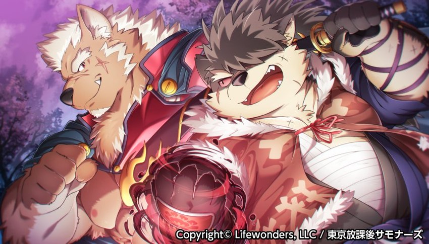 anthro armguards belly cape chest_wraps clothing duo hair hair_over_eye katana male melee_weapon musclegut muscular muscular_male one_eye_obstructed pecs red_sclera samurai scar sword warrior weapon wraps hinami lifewonders tokyo_afterschool_summoners marchosias_(tas) shino_(tas) canid canine canis domestic_dog mammal wolf