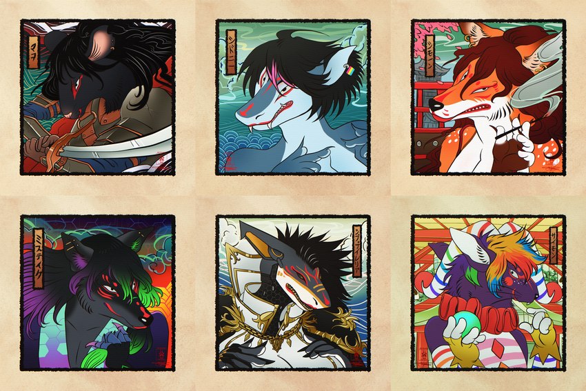 anthro black_body cherry_tree clown female fruit_tree gaming grey_body group gynomorph intersex male plant playing_video_game portraits purple_body sea temple theater tree ukiyo-e warrior water seregore canid canine fish fox lagomorph leporid mammal marine murid murine rabbit rat robot_anthro rodent shark absurd_res hi_res icon