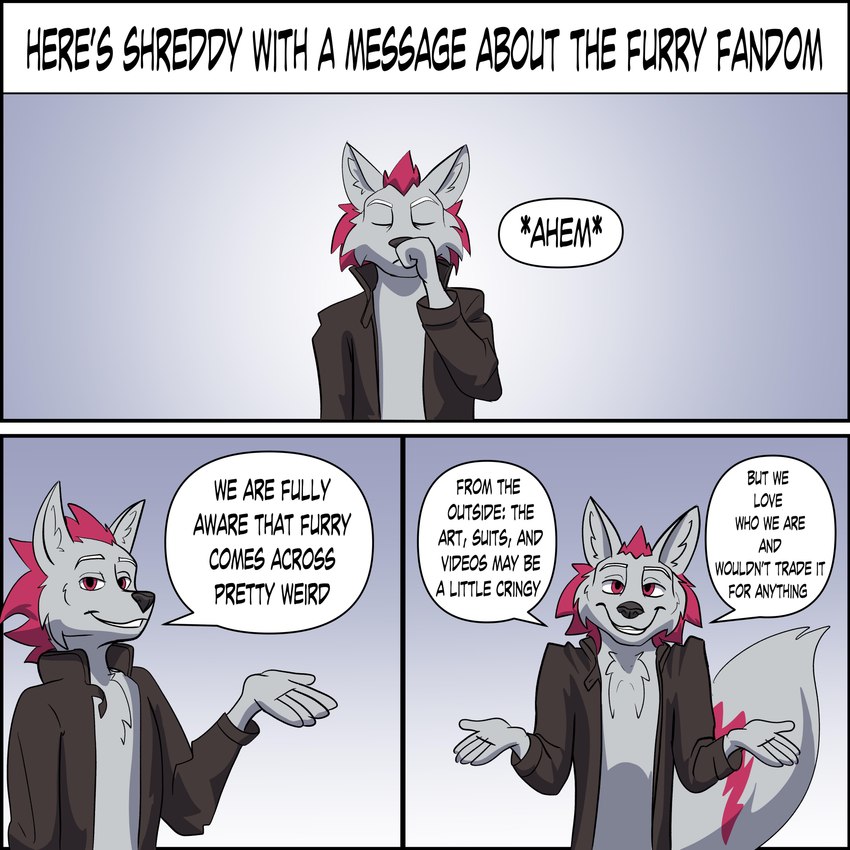 anthro clothed clothing dialogue hair jacket looking_at_viewer male open_clothing open_jacket open_topwear smile solo standing talking_to_viewer text topwear shreddyfox shreddy_(shreddyfox) canid canine fox mammal 1:1 2021 absurd_res comic english_text hi_res