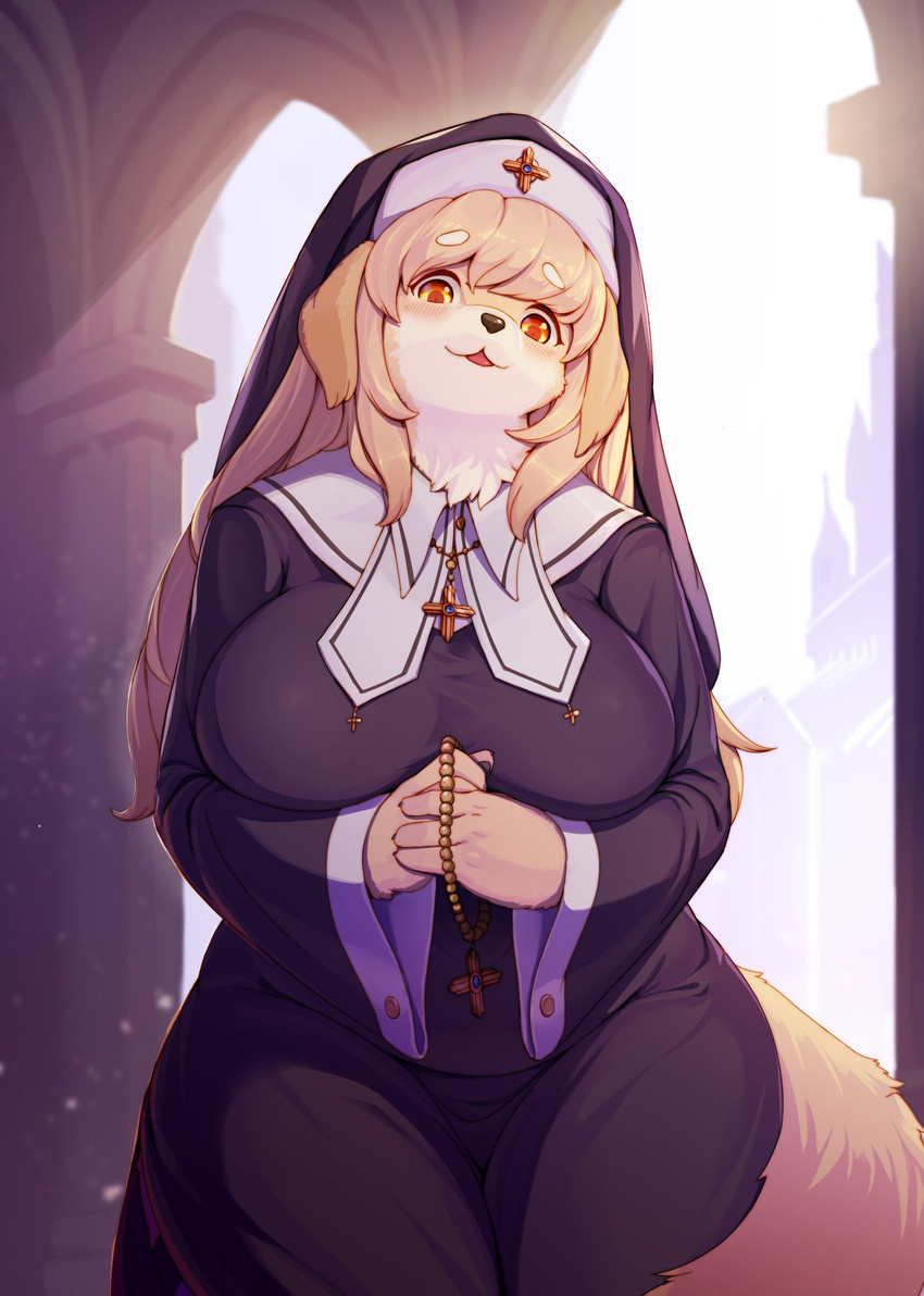 :3 anthro arch beads big_breasts black_clothing black_nose blonde_hair blush breasts clothed clothing cross day detailed_background female floppy_ears fluffy fluffy_tail fully_clothed fur habit hair hands_together kemono light long_hair looking_at_viewer monotone_hair multicolored_body multicolored_fur nun open_mouth outside prayer_beads rosary smile solo standing sunlight tail two_tone_body two_tone_fur white_body white_fur wide_hips yellow_body yellow_eyes yellow_fur whooo-ya canid canine canis domestic_dog mammal digital_media_(artwork) hi_res shaded