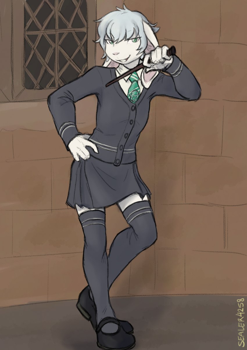 anthro clothed clothing crossdressing detailed_background femboy fully_clothed fur green_eyes green_necktie hair hogwarts_uniform magic_wand male necktie open_mouth outside school_uniform slytherin solo standing teeth uniform white_body white_fur white_hair sealer4258 harry_potter_(series) zack_(thezackrabbit) lagomorph leporid mammal rabbit absurd_res colored full-length_portrait hi_res portrait