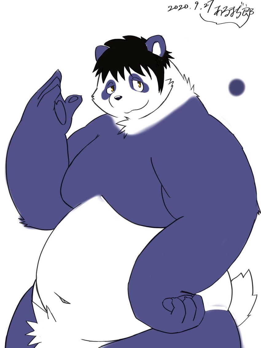 anthro belly black_hair black_nose blue_body blue_fur fur hair humanoid_hands kemono male navel overweight overweight_anthro overweight_male simple_background solo white_background white_body white_fur armadirou bear giant_panda mammal 2020 3:4 hi_res