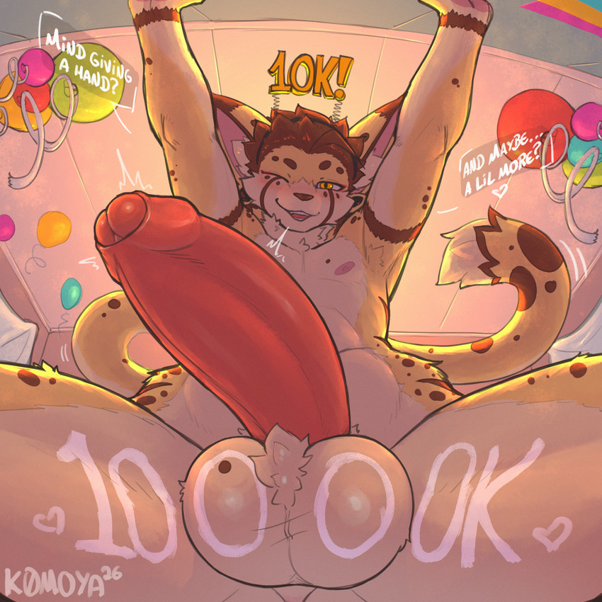 anthro balloon balls big_balls big_penis biped body_writing brown_hair brown_markings brown_nose celebration chest_tuft circle_eyebrows detailed_background dialogue ear_piercing ear_tuft eyebrows foreskin fur gauged_ear genitals glans hair heart_symbol humanoid_genitalia humanoid_penis inflatable looking_at_viewer low-angle_view male male_anthro markings multicolored_body narrowed_eyes nipples nude nude_anthro nude_male one_eye_closed open_mouth penis piercing ring_piercing slim smile solo tail tail_tuft tan_body tan_fur text tongue tuft two_tone_body yellow_body yellow_eyes yellow_fur k0moya will_(k0moya) felid feline mammal serval 1:1 2026 dated digital_media_(artwork) english_text hi_res milestone_celebration signature