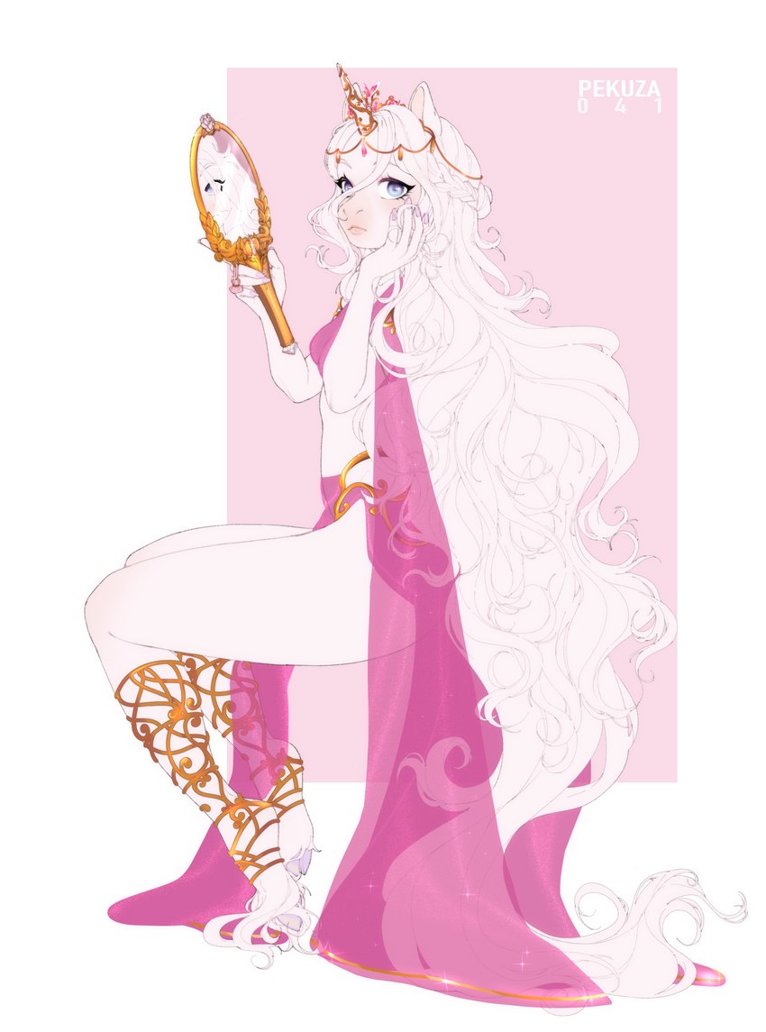 5_fingers anthro biped blue_eyes colored_nails eyelashes female fingernails fingers fur glistening glistening_eyes hair hand_on_cheek holding_mirror holding_object horn long_hair mirror nails pink_fingernails pink_inner_ear pink_nails reflection solo tapering_horn wavy_hair white_body white_ears white_fur white_hair sonyan equid equine horse mammal 2021 absurd_res digital_media_(artwork) hi_res