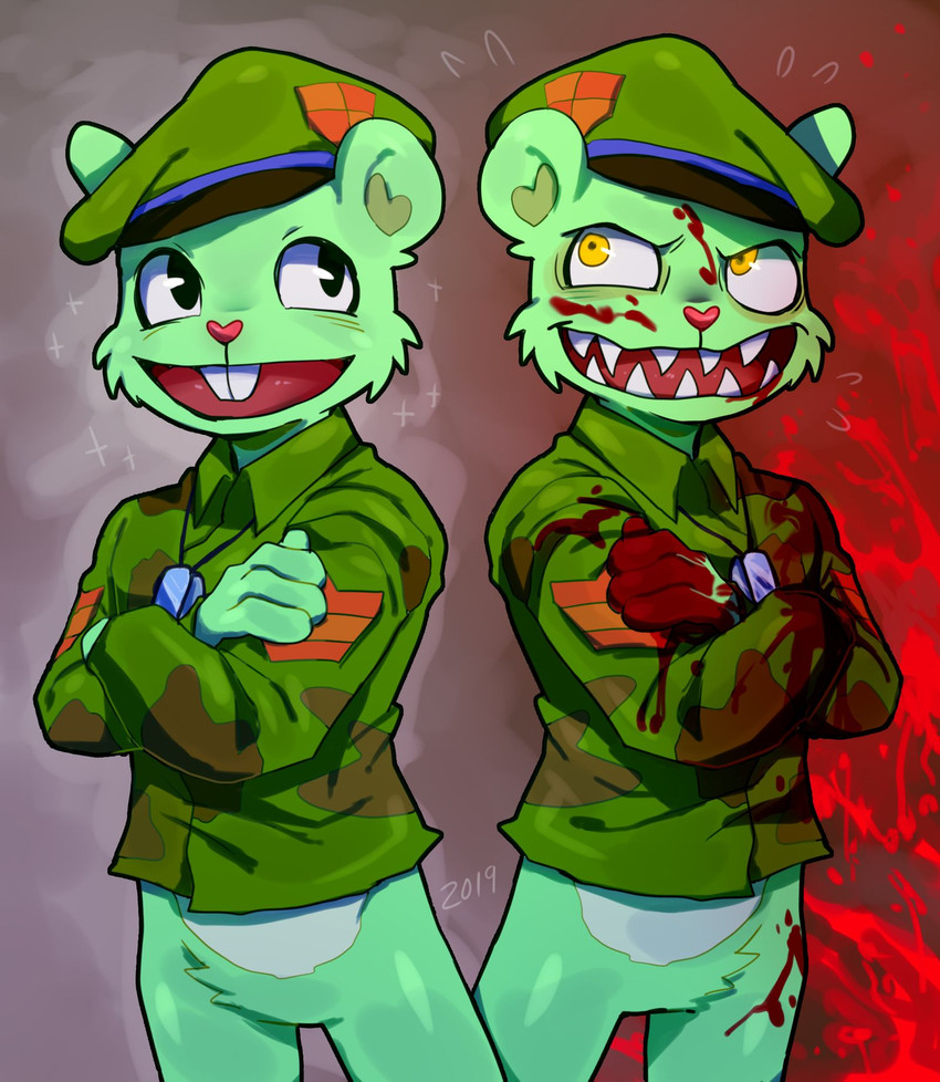 anthro belly blood bodily_fluids bottomless bottomless_anthro bottomless_male clothed clothing countershade_belly countershading fur green_body green_fur hat headgear headwear male split_personality daxratchet happy_tree_friends flippy_(htf) fliqpy_(htf) mammal hi_res