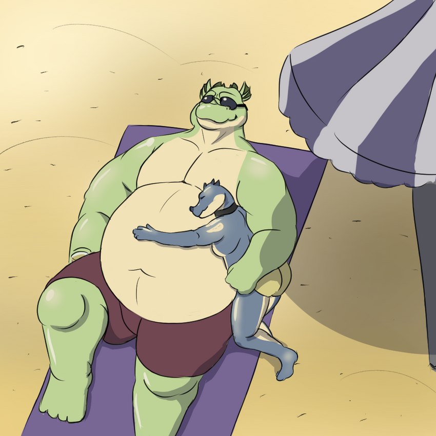 anthro arm_around_partner beach belly belly_hug big_belly butt clothing collar cuddling duo eyewear glistening glistening_body hug lying_on_ground male male/male on_ground overweight overweight_anthro overweight_male raised_knee relaxing sand seaside shadow size_difference smaller_male smile sunbathing sunglasses swimwear towel umbrella under_shade jester-x09 kobold scalie 1:1