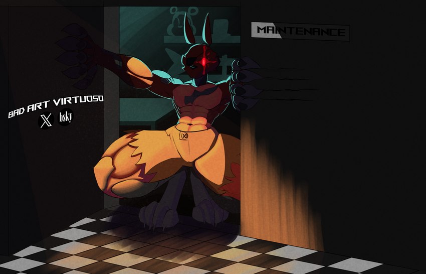 anthro claw_marks eye_patch eyewear fur glowing glowing_eyes male muscular muscular_anthro muscular_male red_body red_eyes red_fur solo badartvirtuoso five_nights_at_freddy's scottgames foxy_(fnaf) canid canine fox mammal hi_res