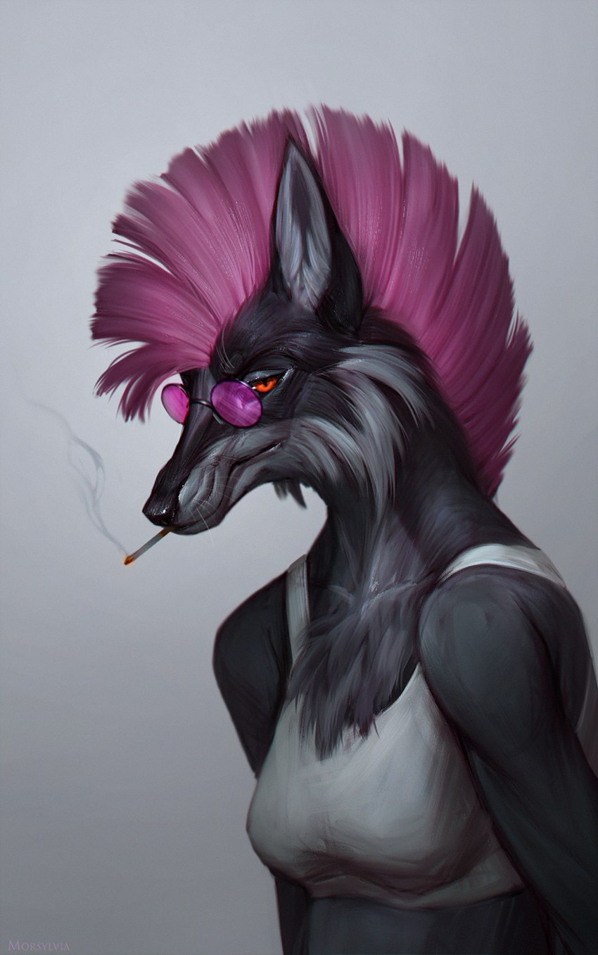 anthro black_body black_fur black_nose breasts clothed clothing female fur hair purple_hair red_eyes solo morsylvia canid canine mammal 2023 digital_media_(artwork) hi_res