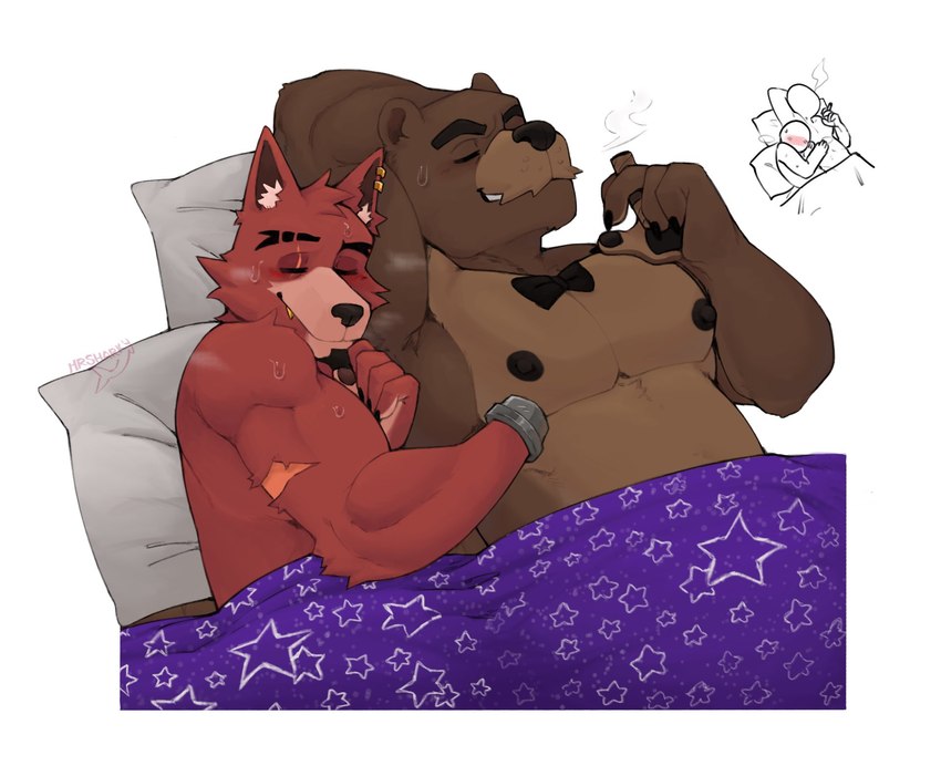 abs anthro bed bed_sheet bedding bodily_fluids brown_body brown_fur cigar duo ear_piercing ear_ring eyes_closed fur furniture male male/male muscular piercing red_body red_fur ring_piercing simple_background sweat white_background mr_sharky five_nights_at_freddy's scottgames foxy_(fnaf) freddy_(fnaf) bear canid canine fox mammal hi_res