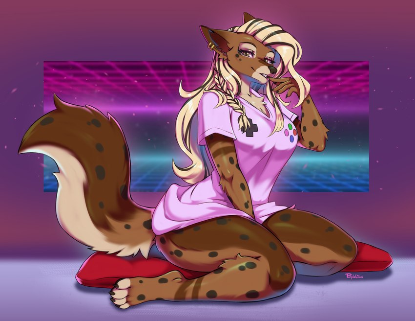 4_toes 5_fingers anthro blonde_hair bottomless bottomless_anthro braided_hair breasts brown_body brown_eyes brown_fur brown_tail claws clothed clothed_anthro clothed_female clothing ear_piercing feet female fingernails fingers front_view fur hair looking_at_viewer markings nails pantsless pantsless_female partially_clothed partially_clothed_anthro partially_clothed_female piercing solo spots spotted_body spotted_fur spotted_markings spotted_tail tail tail_markings teeth toe_claws toes purplelemons canid canine canis mammal wolf 2025 digital_media_(artwork) hi_res