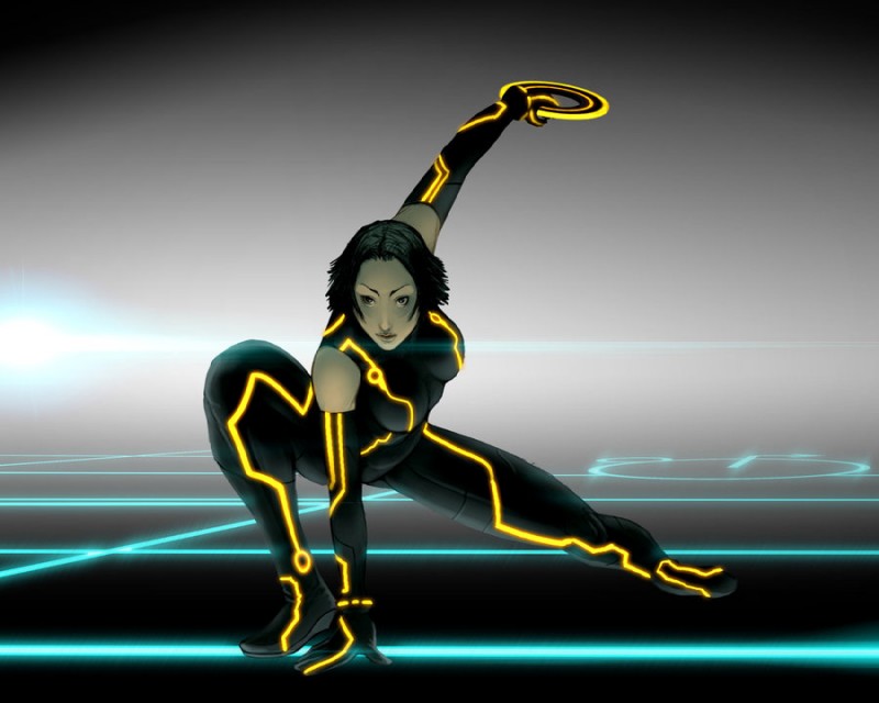 armwear biped black_hair breasts clothing elbow_gloves female fighting_pose front_view gloves glowing glowing_markings hair handwear identity_disc jumpsuit markings not_furry pose solo suit the_grid tight_clothing yellow_markings sunamori tron tron:_legacy quorra human mammal 5:4 digital_media_(artwork) full-length_portrait portrait