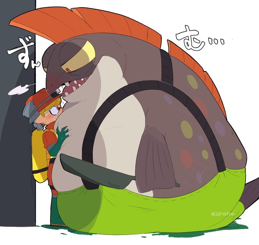 against_surface against_wall anthro belly belly_press belly_squish blonde_hair blush clothing duo fin hair kabedon male male/male overalls overweight overweight_male pan red_eyes squish text yellow_sclera kiirono nintendo splatoon animal_humanoid cephalopod cephalopod_humanoid cohock_(splatoon) fish humanoid inkling marine marine_humanoid mollusk mollusk_humanoid salmonid_(splatoon) hi_res japanese_text