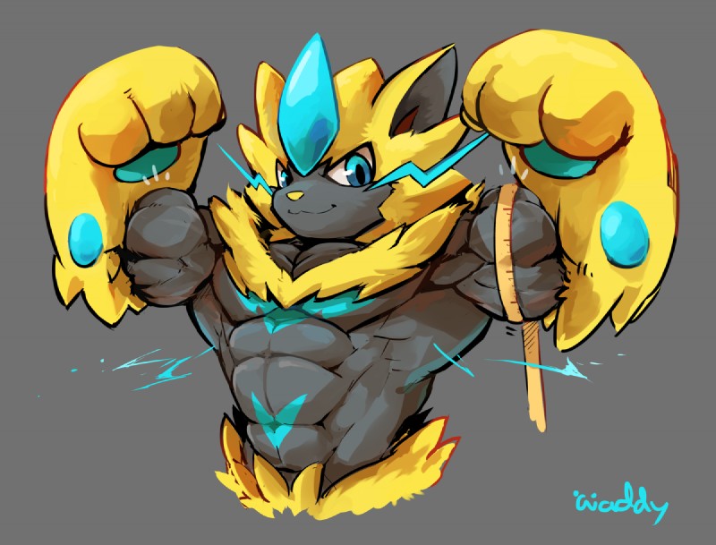 abs anthro biceps blue_eyes chest_tuft electricity fangs flexing fur grey_background looking_at_viewer male measuring measuring_muscle muscular muscular_anthro muscular_male pecs simple_background smile solo tape_measure teeth text triceps tuft yellow_body yellow_fur waddledox nintendo pokemon felid generation_7_pokemon legendary_pokemon mammal pokemon_(species) zeraora 2017