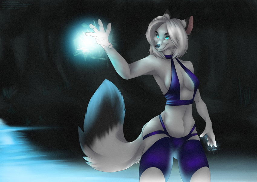 anthro black_body black_fur blue_eyes breasts clothed clothing detailed_background female fur hair magic multicolored_body multicolored_fur partially_clothed smile solo two_tone_body two_tone_fur white_body white_fur white_hair tashalisets tasha_lisets canid canine fox mammal hi_res