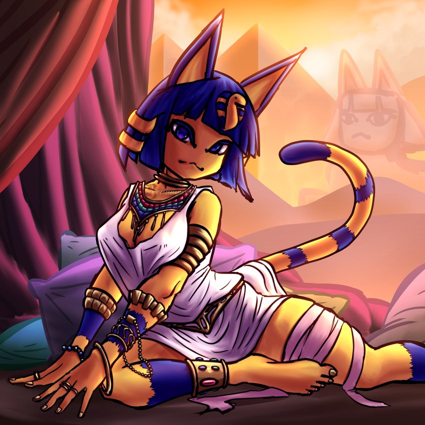 anthro bandage blue_body blue_fur blue_hair breasts cleavage_cutout clothing curtains cutout desert egyptian egyptian_clothing feet female fur hair jewelry looking_at_viewer lying markings pillow ring_(marking) ringed_tail solo striped_markings striped_tail stripes sunset tail tail_markings uraeus usekh white_clothing yellow_body yellow_fur bennyvania animal_crossing nintendo ankha_(animal_crossing) felid feline mammal 1:1 hi_res watermark