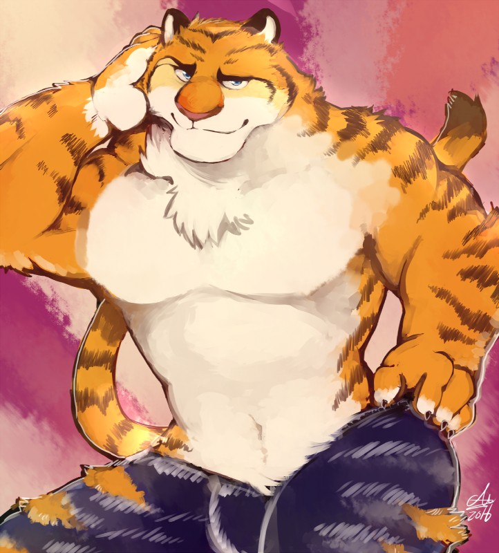 anthro blue_eyes bottomwear chest_tuft clothed clothing countershading fur hand_on_head looking_at_viewer male muscular muscular_anthro muscular_male shorts smile solo stripes topless tuft zootopia_shorts ginnosuke disney zootopia tiger_dancer_(zootopia) felid mammal pantherine tiger 2016 hi_res signature