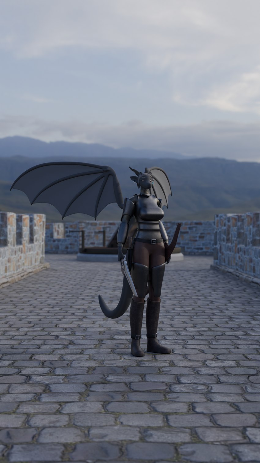 anthro breasts brown_eyes clothing female grey_body hair holding_object holding_weapon horn knight looking_at_viewer melee_weapon solo sword tail warrior weapon wings pukhnastyy_aks mythology eliora_vohnekryl dragon mythological_creature mythological_scalie scalie absurd_res hi_res