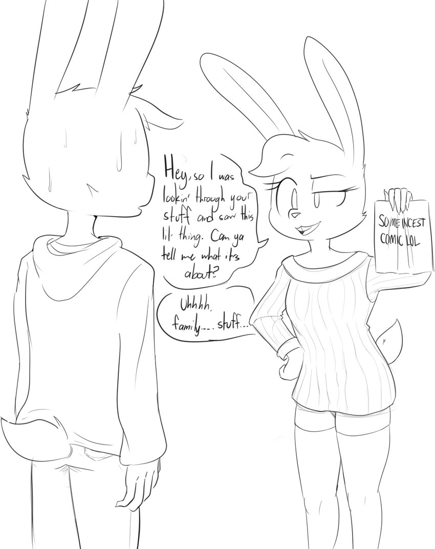 anthro bodily_fluids clothing comic_book dialogue duo female head_tuft male simple_background sweat sweater text topwear tuft white_background agidyne rose_(agidyne) stephen_(agidyne) lagomorph mammal 2022 english_text hi_res monochrome cousins_(lore)