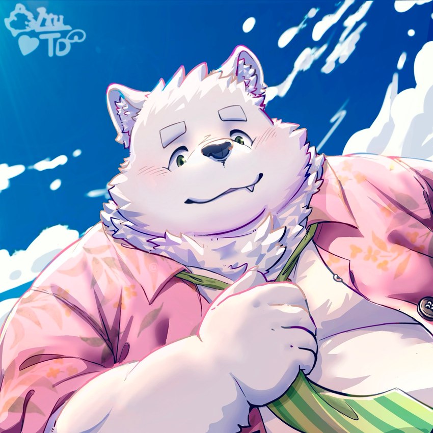 anthro belly big_belly black_nose clothed clothing cloud cute_fangs fangs kemono male necktie one_fang open_clothing open_shirt open_topwear outside overweight overweight_male shirt solo teeth topwear yuyuitudou canid canine canis domestic_dog mammal 1:1 2024 hi_res