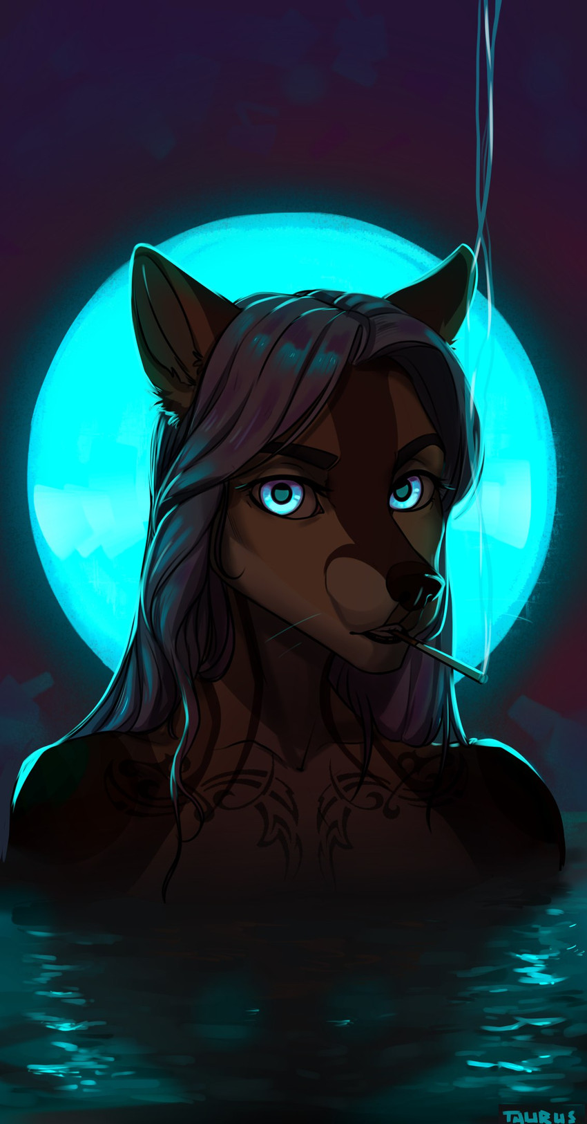 anthro blue_eyes eyebrows eyelashes female hair looking_at_viewer partially_submerged smoking solo taurusart canid canine fox mammal digital_media_(artwork) hi_res