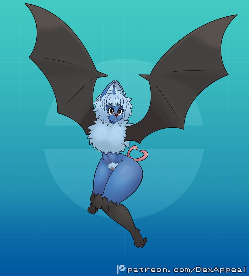 bat_ears bat_wings blue_body blue_fur blue_hair fangs female fluffy fluffy_chest fur genitals hair lips membrane_(anatomy) membranous_wings monster_girl_(genre) nude pokemorph pubes pussy simple_background smile snaggle_tooth solo tail teeth wings dex_appeal nintendo pokemon bat generation_5_pokemon humanoid mammal pokemon_(species) swoobat hi_res