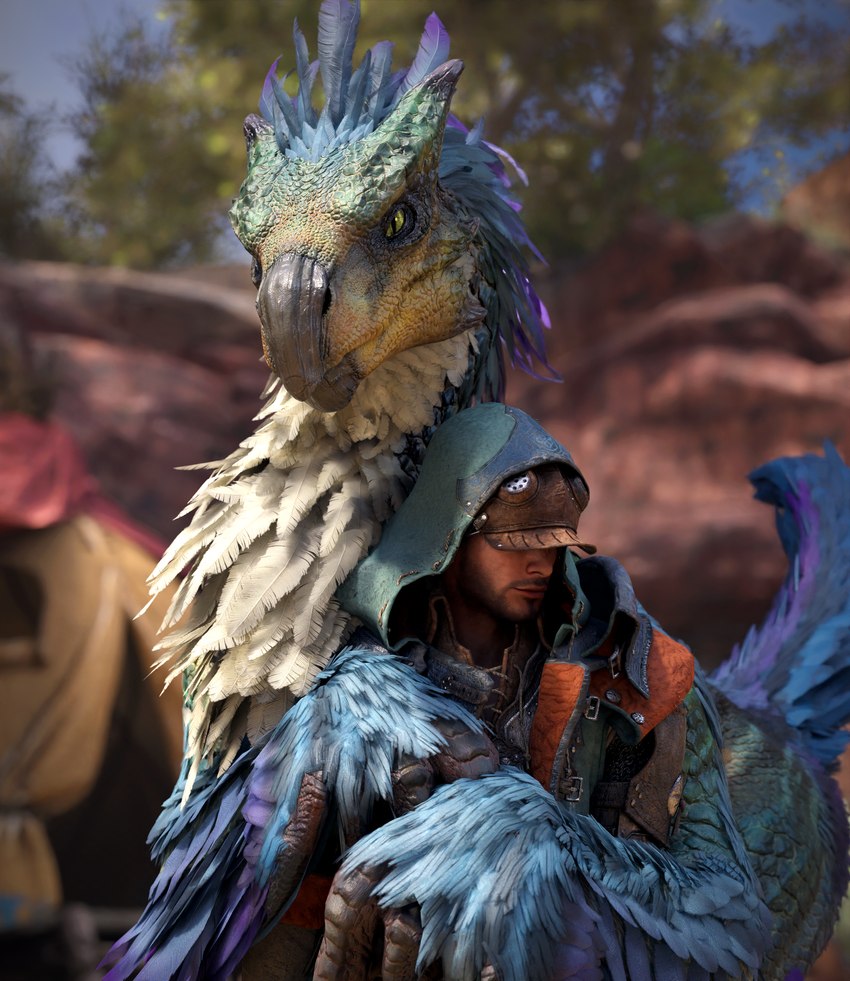 armor beak beard blue_body blue_feathers blurred_background claws clothed clothing detailed_background duo facial_hair feathered_crest feathered_tail feathers female female_feral feral fluffy fluffy_chest fluffy_tail green_body green_scales head_crest headgear horn hug hugging_another hugging_from_behind larger_female larger_feral looking_at_viewer looking_away looking_down male mount mount/rider_relations neck_tuft orange_body orange_scales outside plant possessive pupils purple_body purple_feathers rider rock scales size_difference slit_pupils smaller_human smaller_male smile standing tail tent tight_hug tree tuft white_body white_feathers wide_hips yellow_eyes ivorylagiacrus capcom monster_hunter human mammal scalie seikret 2025 3d_(artwork) absurd_res blender_(artwork) digital_media_(artwork) hi_res