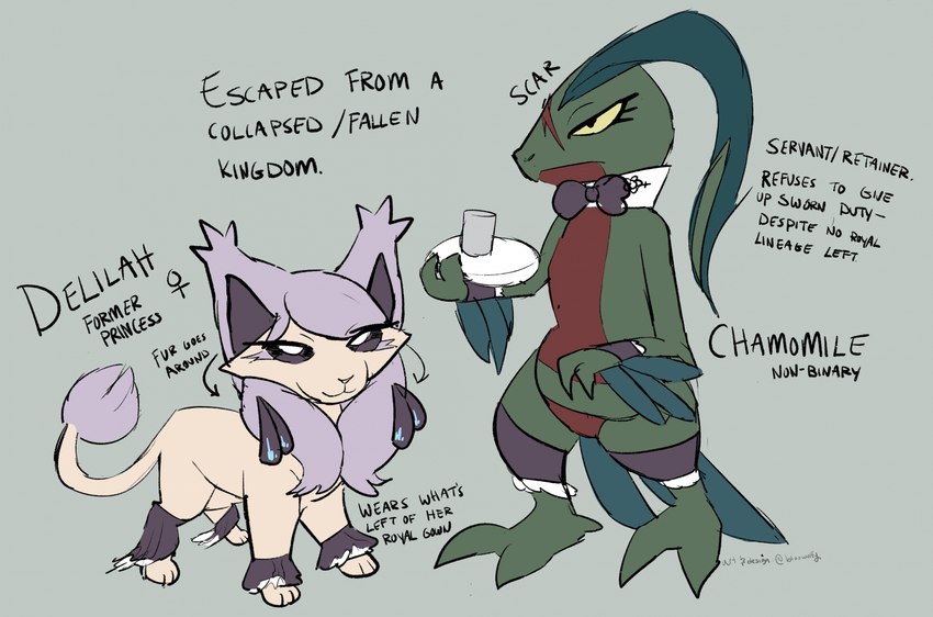 ambiguous_gender anthro duo female feral smile text waiter bloowolfy nintendo pokemon chamomile_(bloowolfy) delilah_(bloowolfy) delcatty felid feline generation_3_pokemon grovyle mammal pokemon_(species) reptile scalie 2023 english_text hi_res model_sheet nonbinary_(lore)