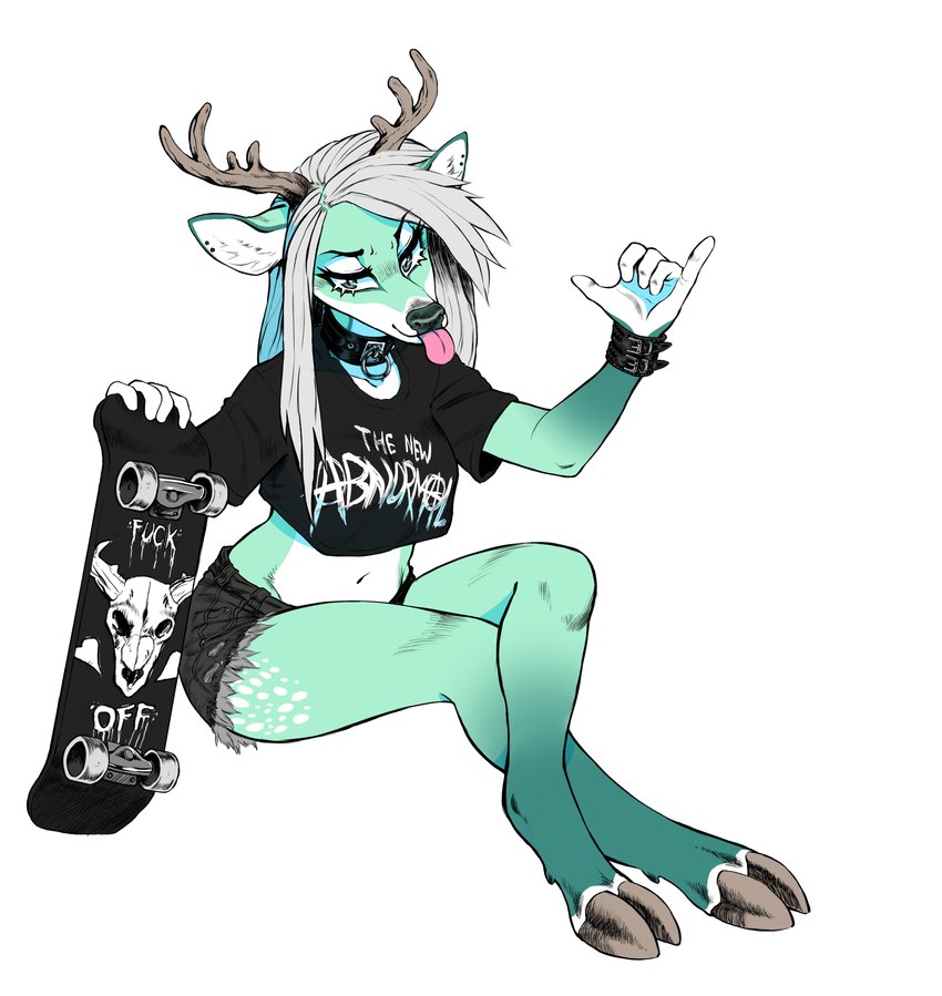 alternative_fashion anthro antlers biped black_bottomwear black_clothing black_collar black_shirt black_shorts black_topwear bottomwear breasts clothing collar crop_top denim denim_bottomwear denim_clothing denim_shorts ear_piercing female fur gesture green_body green_fur grey_hair hair hooves horn long_hair markings piercing profanity punk shirt shorts simple_background skateboard skater solo spots spotted_markings text tomboy tongue tongue_out topwear vehicle white_background wristband gutter-bunny minty_roots deer mammal absurd_res digital_drawing_(artwork) digital_media_(artwork) english_text hi_res