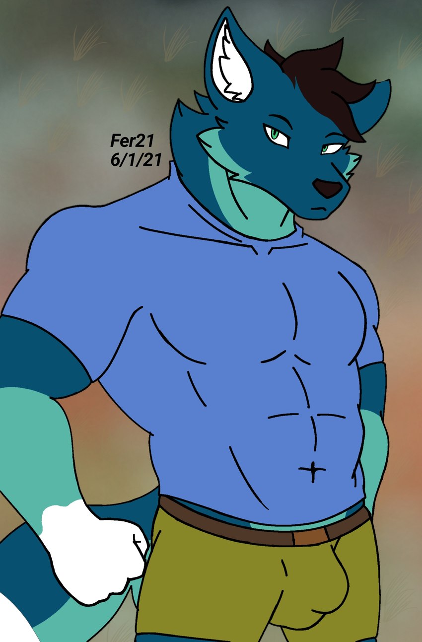 abs anthro belt bottomwear bulge clothing male muscular muscular_anthro muscular_male pecs shirt shorts solo topwear fer canid canine canis mammal wolf darius_(disambiguation) absurd_res hi_res