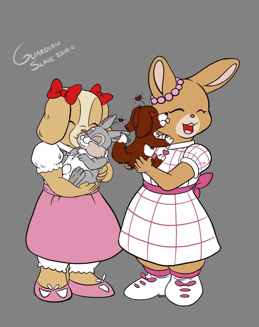 affectionate anthro clothing dress female feral group love pre-transformation guardianslade maple_town palm_town lory_(maple_town) patty_(maple_town) thumper_(disney) canid canine canis domestic_dog lagomorph leporid mammal rabbit hi_res