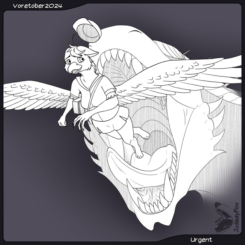 ambiguous_gender anthro duo female flying imminent_vore macro micro mouth_shot open_mouth judasyfox mythology voretober avian dragon gryphon mythological_avian mythological_creature mythological_scalie scalie 1:1 absurd_res hi_res