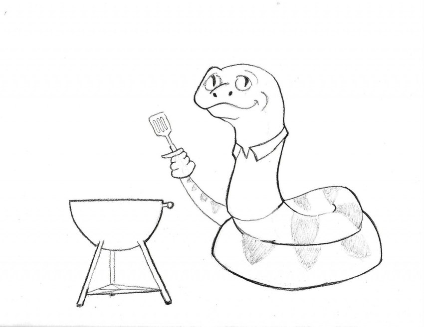 ambiguous_gender black_line_art clothed clothed_feral clothing feral feralized grill holding_object holding_spatula holding_tool legless looking_at_viewer mouth_closed pupils shirt simple_background slit_pupils solo spatula tools topwear white_background shoak i_just_wanna_grill reptile scalie snake 2020 full-length_portrait greyscale monochrome portrait traditional_media_(artwork)