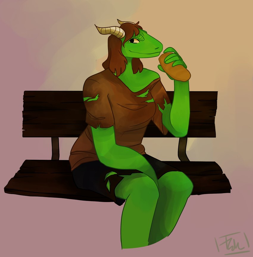 anthro bench bread brown_clothing brown_hair clothing female food green_body green_scales hair horn scales sitting smile solo torn_clothing unknown_artist microsoft the_elder_scrolls nel-tei_(golddrake) argonian scalie absurd_res hi_res