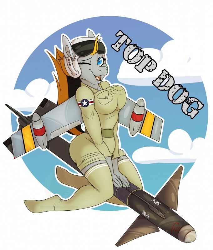 aircraft anthro breasts clothed clothing female hair looking_at_viewer machine missile ranged_weapon simple_background smile solo text vehicle weapon wings grumpy_griffin_creations hasbro my_little_pony aircraft_humanoid airplane_pony equid equine horse living_aircraft living_machine living_vehicle mammal pony 2020 digital_media_(artwork) hi_res