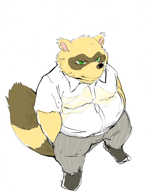 anthro bottomwear brown_body brown_fur clothing fur green_eyes male overweight overweight_anthro overweight_male pants shirt simple_background solo topwear white_background hysk sengoku_puzzle tokugawa_ieyasu canid canine mammal raccoon_dog tanuki 2019 hi_res