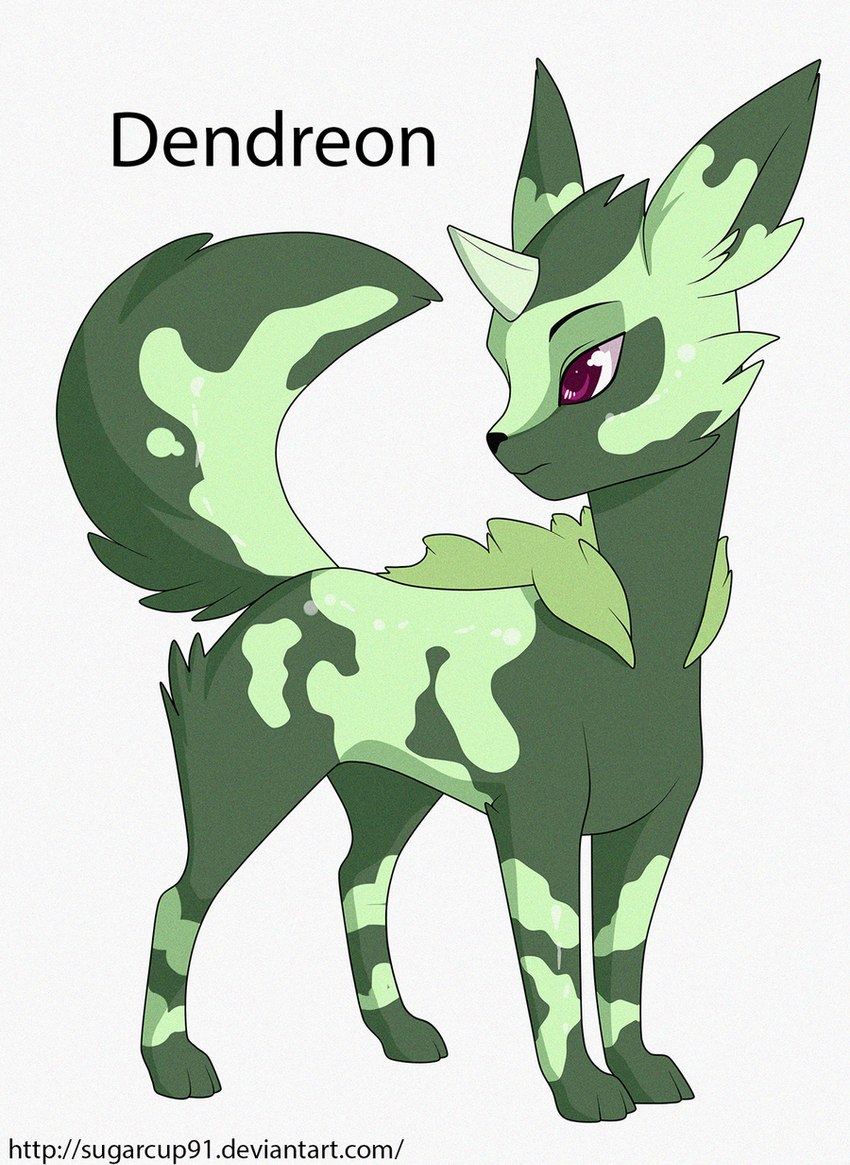 ambiguous_gender black_nose cheek_tuft facial_tuft feral glistening glistening_eyes green_body head_tuft horn mouth_closed purple_eyes side_view simple_background solo text tuft white_background milk-jug fakemon canid mammal hi_res url