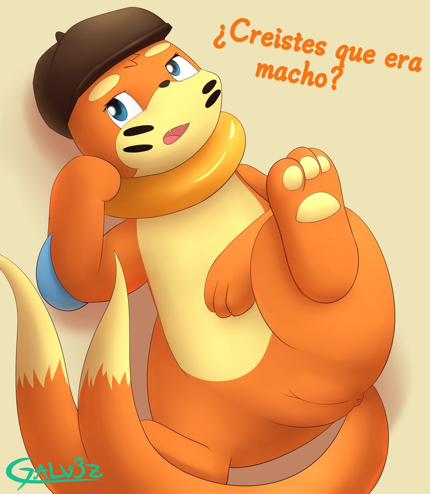 anus blue_eyes clothing female female_feral feral fur genitals hat headgear headwear lying on_back orange_body orange_fur paws presenting presenting_pussy pussy simple_background solo spread_legs spreading text galv3z_(artist) nintendo pokemon buizel generation_4_pokemon pokemon_(species) 2021 hi_res signature spanish_text