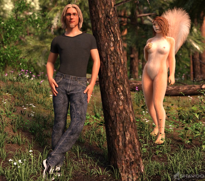 anthro black_clothing black_shirt black_topwear breasts clothing duo eyewear female forest forest_background glasses leaning_on_object nature nature_background plant shirt topwear transformation transformation_sequence tree conditional_dnp shawoo human mammal rodent sciurid tree_squirrel 3d_(artwork) digital_media_(artwork) hi_res