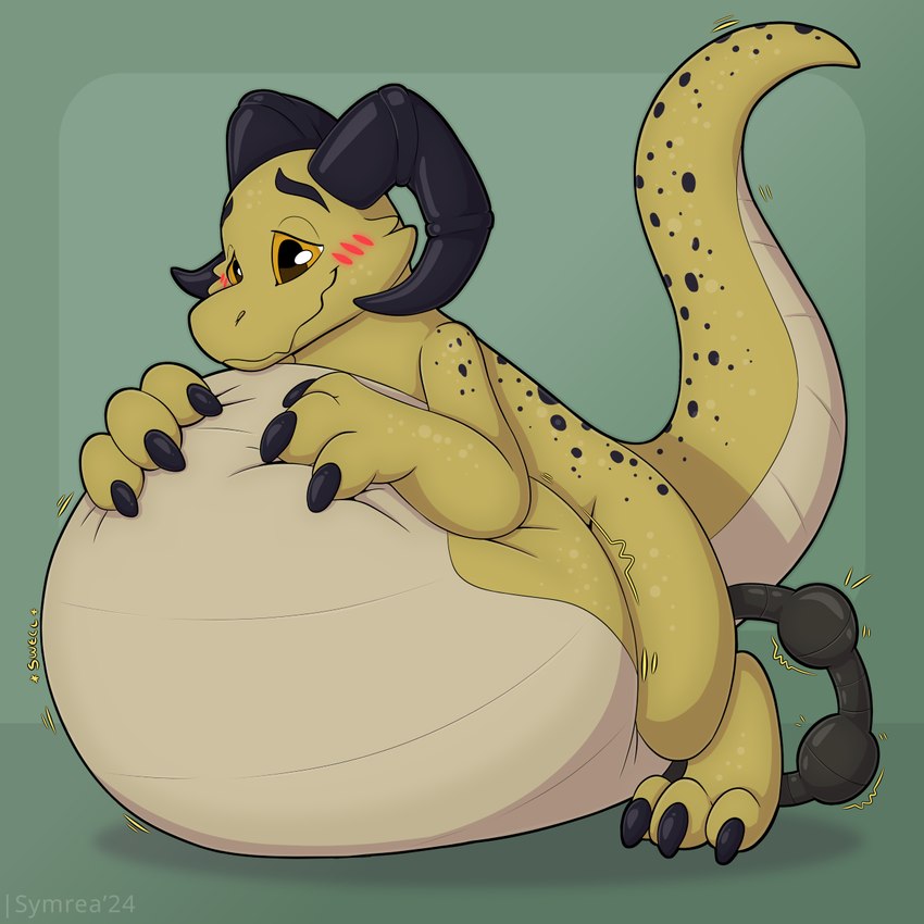 3_toes belly belly_inflation blush feet horn hose hose_inflation inflation orange_eyes smile solo toes toony yellow_body symrea kobold scalie 1:1 hi_res