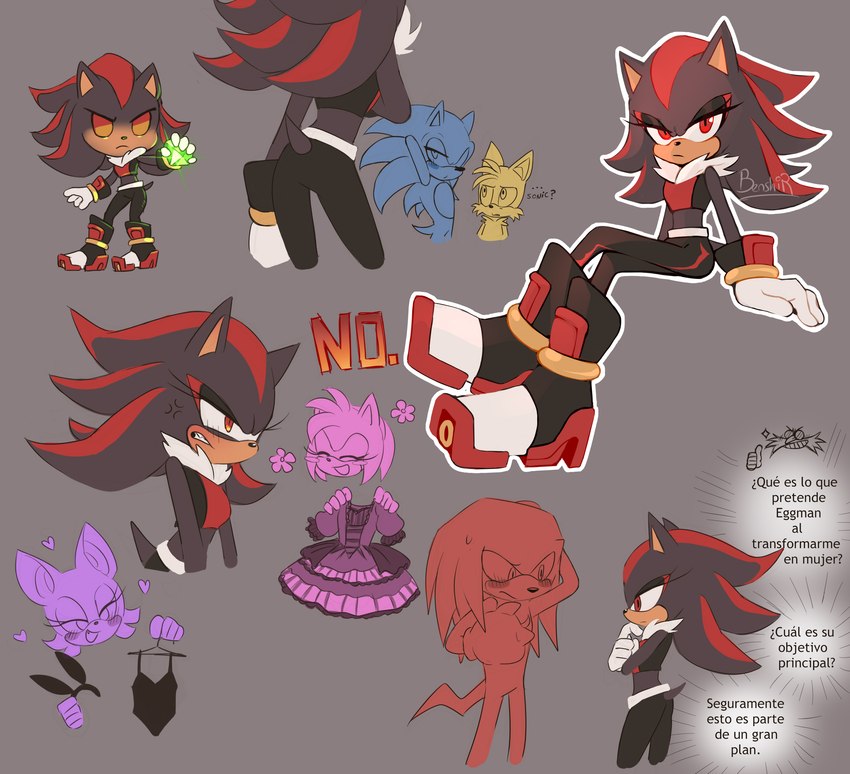 anthro blush chaos_emerald clothing crossgender dress female gem group implied_gender_transformation looking_at_another looking_at_viewer male mtf_crossgender red_eyes text benshir125 sega sonic_the_hedgehog_(series) amy_rose knuckles_the_echidna miles_prower rouge_the_bat shadow_the_hedgehog sonic_the_hedgehog bat canid canine echidna eulipotyphlan fox hedgehog mammal monotreme absurd_res digital_drawing_(artwork) digital_media_(artwork) hi_res sketch spanish_text translated