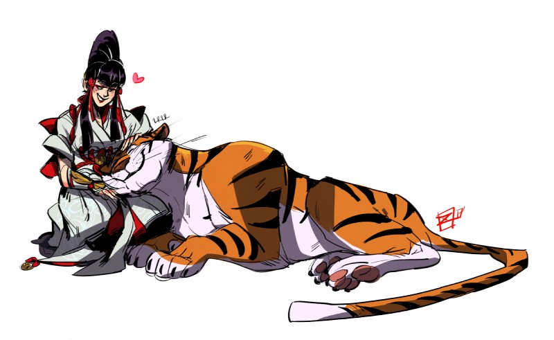 black_hair clothed clothing cuddling dipstick_tail duo eyes_closed female feral fur hair heart_symbol makeup markings multicolored_tail orange_body orange_fur pawpads simple_background smile stripes tail tail_markings whiskers white_background white_body white_fur zkaijuraptor tekken kazumi_mishima kazumi_mishima's_tiger felid human mammal pantherine tiger 2017 hi_res