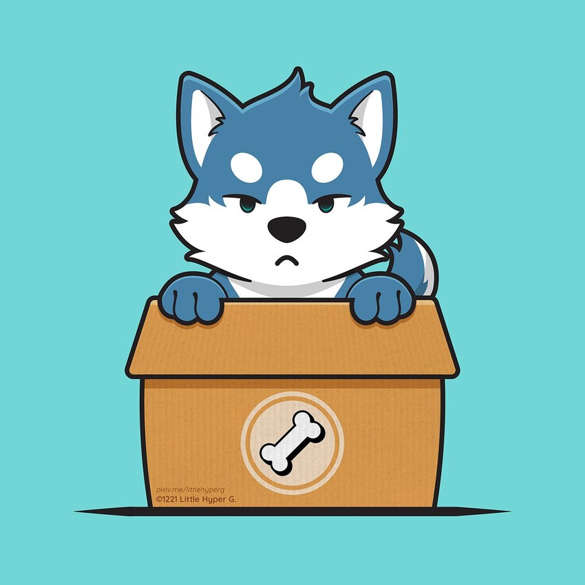 anthro black_outline blue_background blue_body blue_fur bone bone_print box cardboard cardboard_box container cyan_background front_view fur in_box in_container inside_box looking_at_viewer male outline simple_background solo teal_eyes white_body white_fur littlehyper canid canine canis mammal wolf 1:1 hi_res