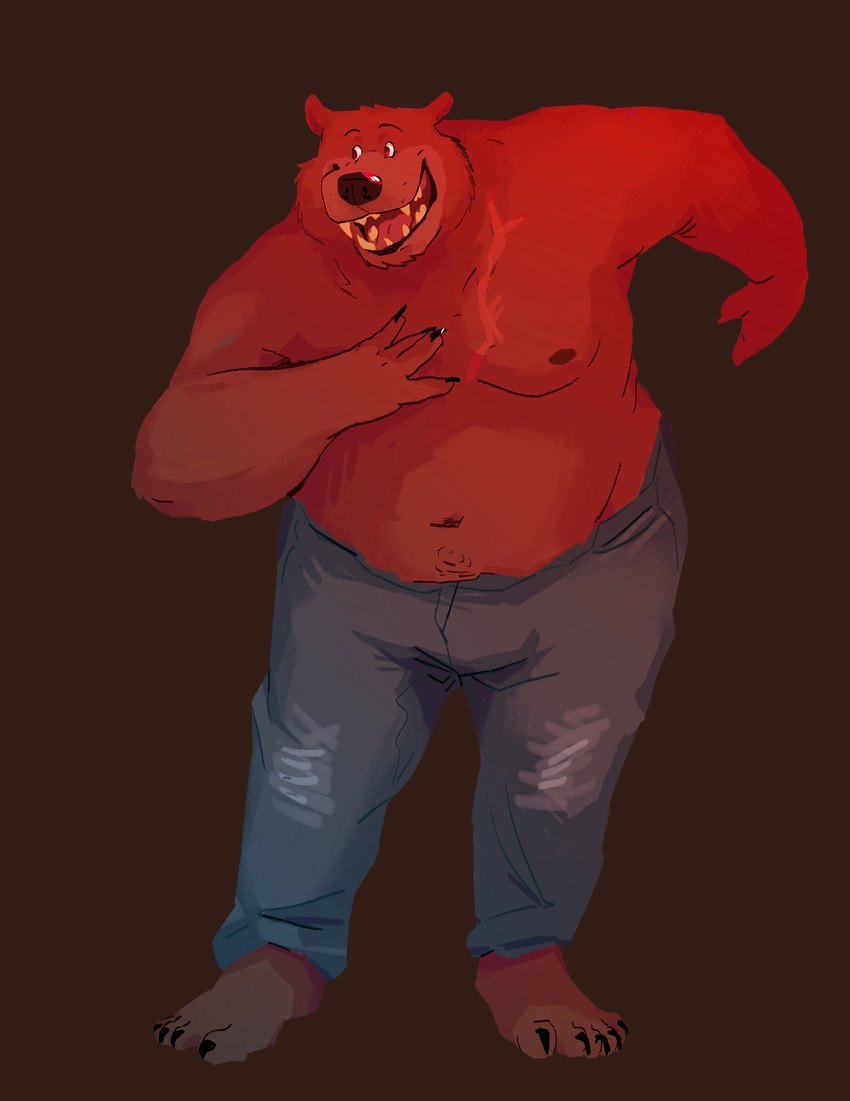 anthro barefoot bottomwear bowing clothing feet male moobs nipples open_mouth open_smile overweight overweight_anthro overweight_male pants red_light shirtless_male simple_background smile solo standing chuchowriggle echo_(series) echo_project brian_dubois bear mammal 2023 absurd_res digital_media_(artwork) full-length_portrait hi_res portrait