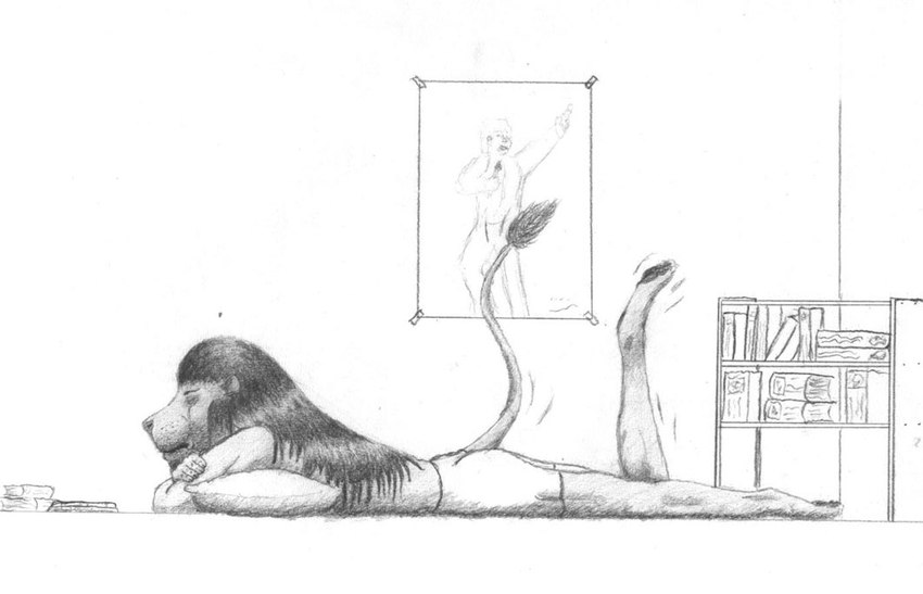 adolescent anthro biped book bookshelf bottomwear clothing dark_mane furgonomics furniture inside lying male mane motion_lines on_front on_ground pawpads pillow plantar_flexion poster reading reading_book shorts side_view solo tape young young_male leonidae felid lion mammal pantherine graphite_(artwork) monochrome traditional_media_(artwork)