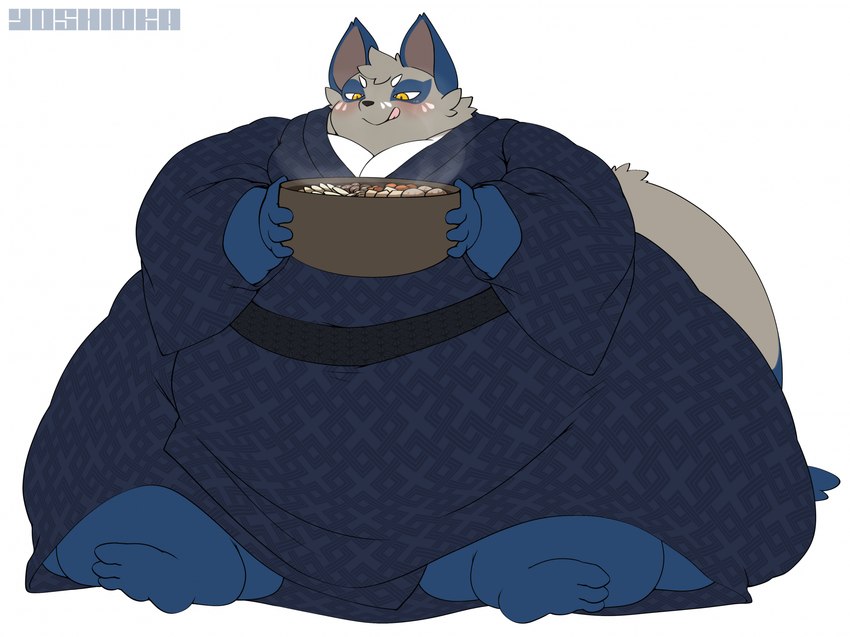 asian_clothing belly big_belly clothing east_asian_clothing food japanese_clothing kimono male morbidly_obese obese overweight solo soup stew sumo yosioka_san nintendo pokemon canid canine fox generation_8_pokemon mammal nickit pokemon_(species) hi_res