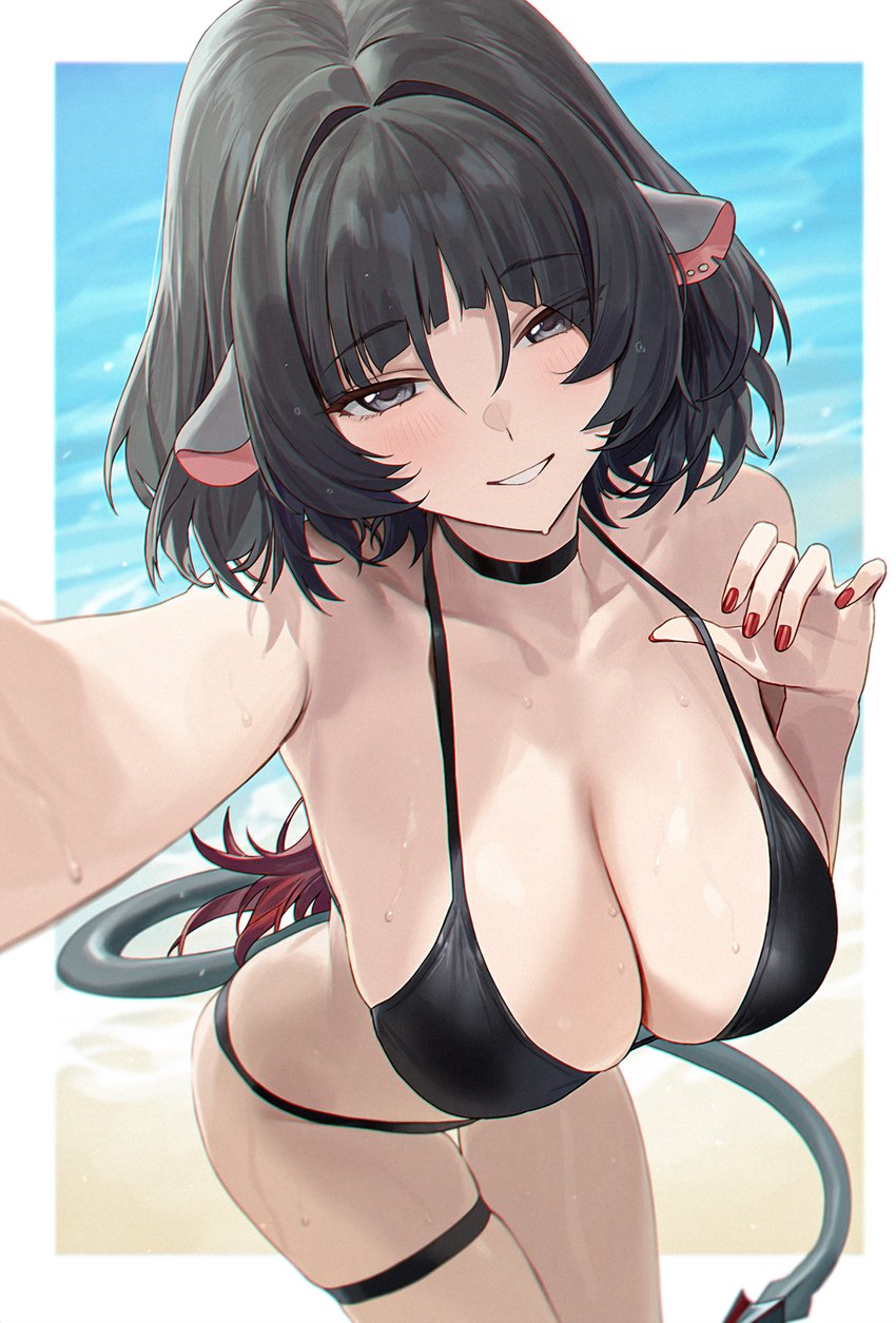 amiki beach beach_background big_breasts bikini black_bikini black_choker black_clothing black_jewelry black_necklace black_swimwear blush blush_lines border breasts choker cleavage clothed clothing colored_nails ear_piercing female grinning_at_viewer hair jewelry leaning leaning_forward looking_at_viewer nails necklace outside outside_border piercing red_nails sea selfie skindentation smile smiling_at_viewer solo swimwear tail thigh_strap two-piece_swimsuit water wet wet_body wet_hair white_border jane_doe_(zenless_zone_zero) animal_humanoid humanoid mammal mammal_humanoid murid murid_humanoid murine murine_humanoid rat_humanoid rodent rodent_humanoid thiren absurd_res digital_drawing_(artwork) digital_media_(artwork) hi_res