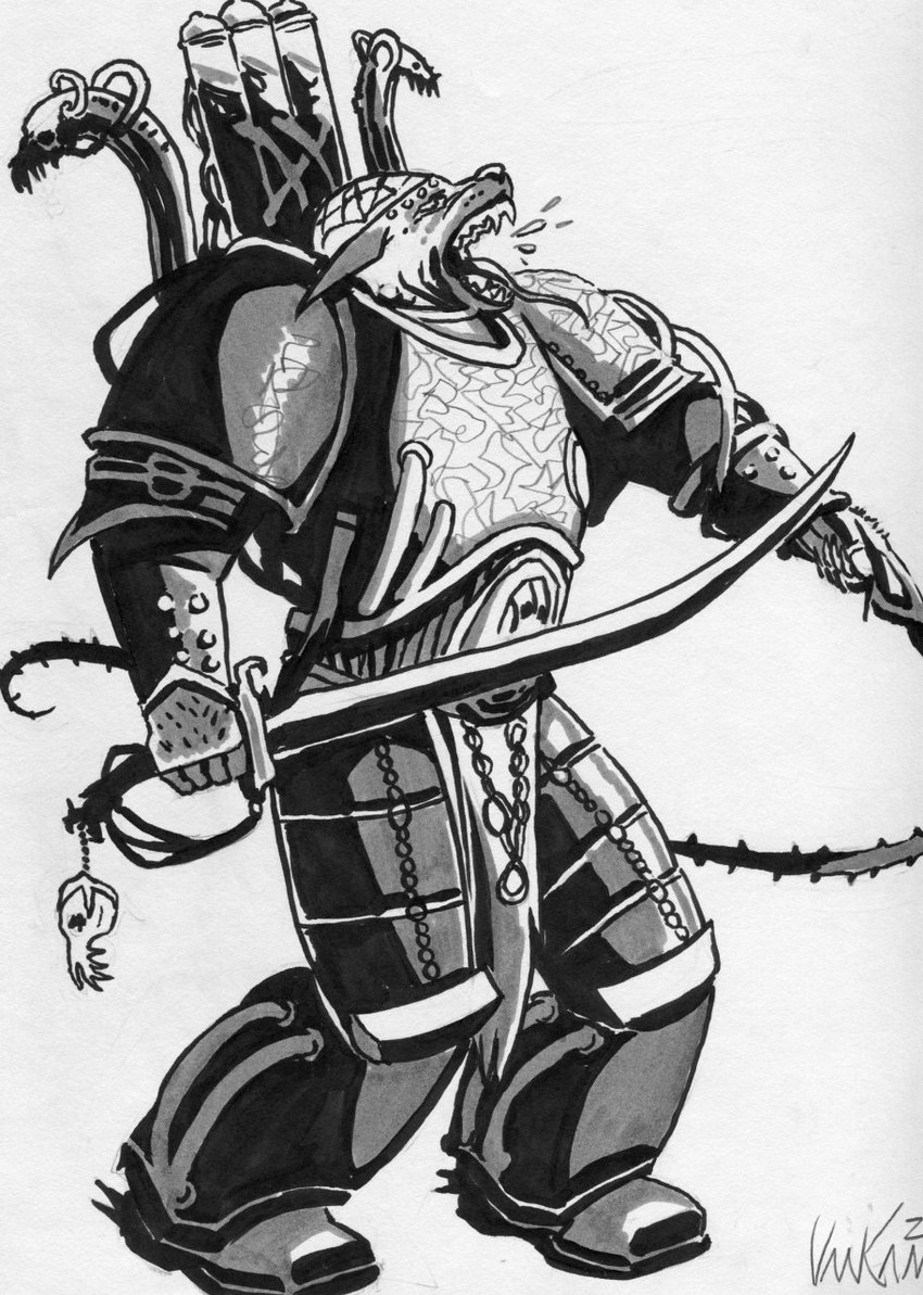 anthro armor battlecry bodily_fluids bone chain chaos_space_marine drugs head_scar holding_object holding_weapon long_tongue machine male melee_weapon mutation open_mouth pauldron power_armor sabre_(weapon) saliva scar shoulder_pads simple_background skull solo spiked_whip spikes tongue tube weapon whip white_background yelling susan_van_camp warhammer_(franchise) warhammer_40000 lucius_the_eternal hyena mammal black_and_white hi_res monochrome